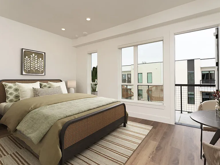 Bedroom with balcony and hard surface flooring