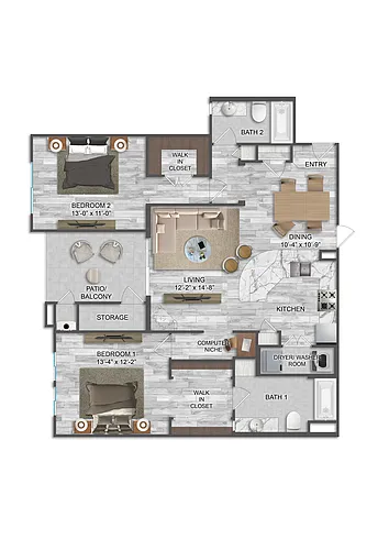 Floor plan Emmanuelle - Two Bedrooms/Two Bath 1154 Sq Ft