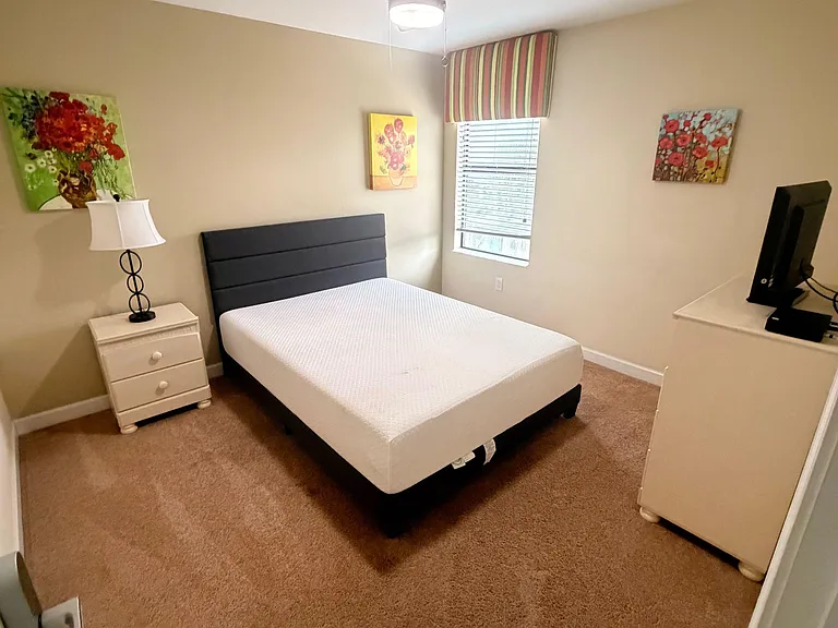 Furnished bedroom with carpeted floors, ceiling fan, window with blinds, and a dresser for convenient storage.