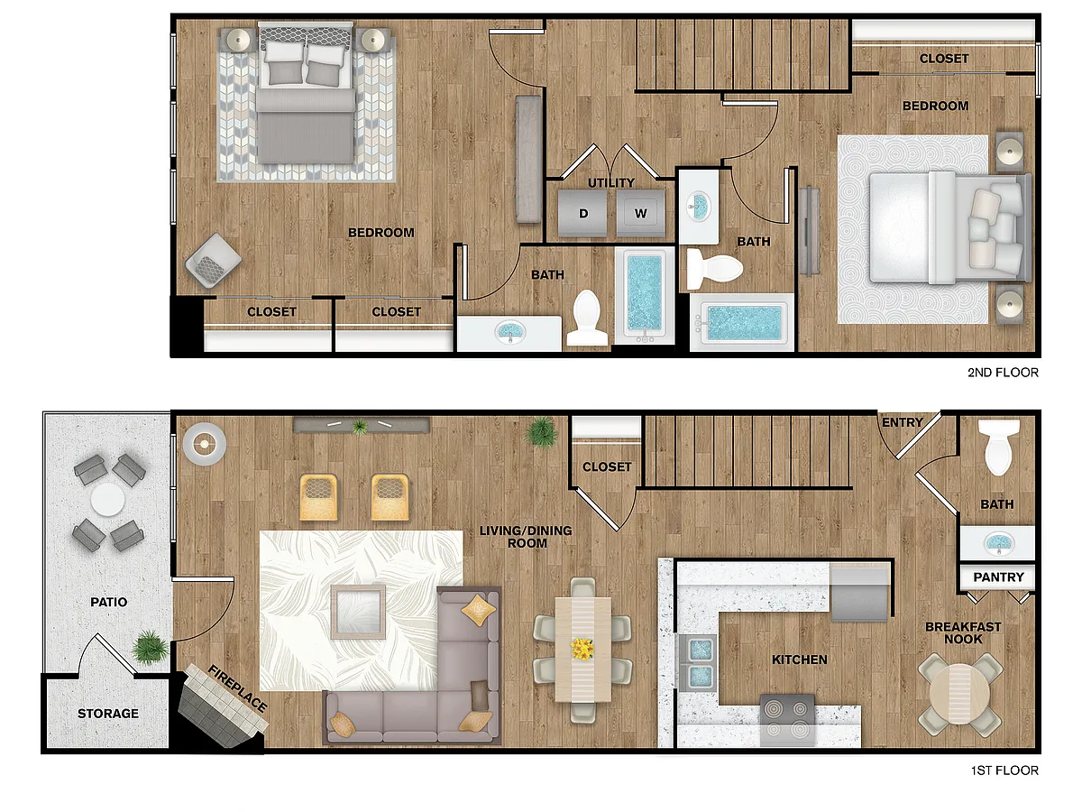 Floor plan 2 Bed, 2 Bath B Townhome Upgraded (80% IR)