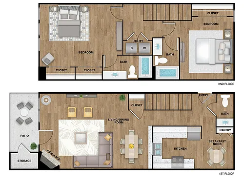 Floor plan 2 Bed, 2 Bath B Townhome Upgraded (80% IR)