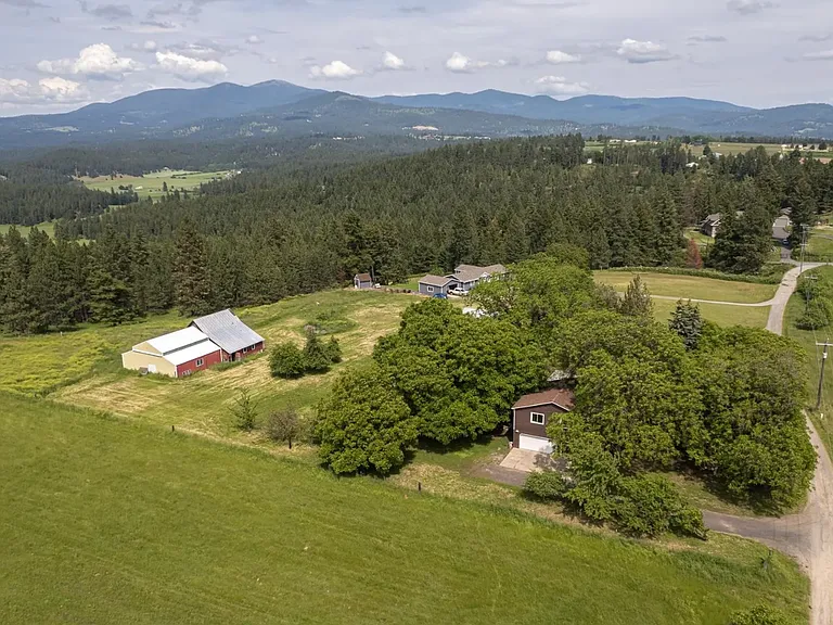 Aerial view of the house, with the apartment visible in the trees. Mount Spokane is in the background.