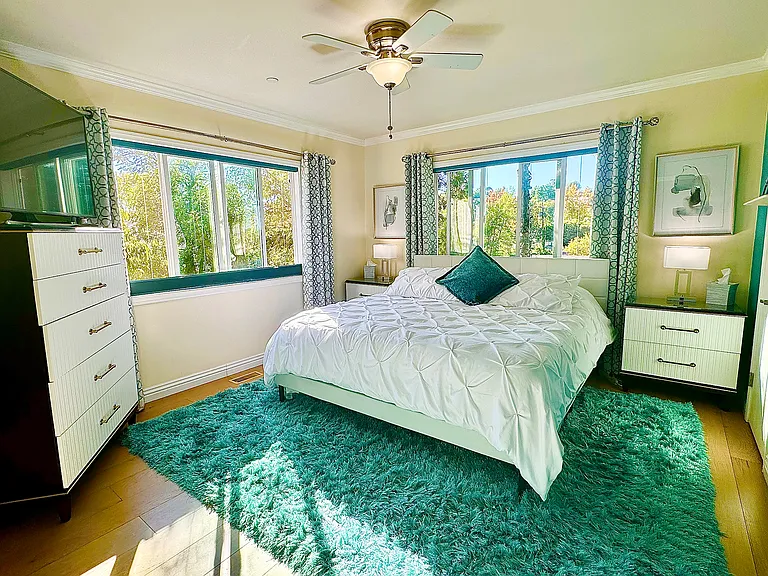 Master bedroom with brand new king mattress and all new furniture, ensuite full bathroom, new LG washer/dryer, walk-in shower, 52" Samsung smart TV with Apple TV streaming