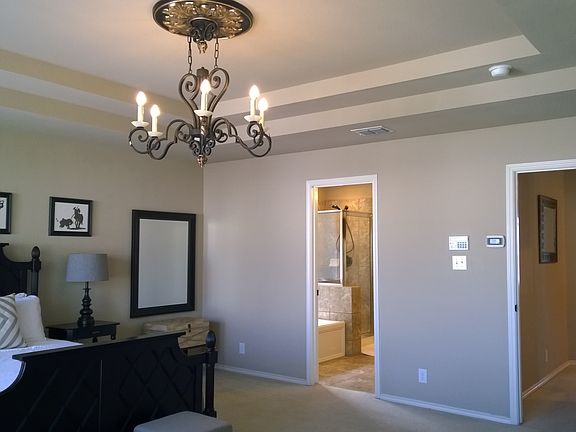 Master looking towards the doorway and bath, note tray ceili