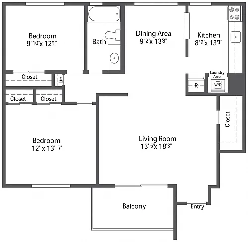 Floor plan 2BR 1BA (960sf)