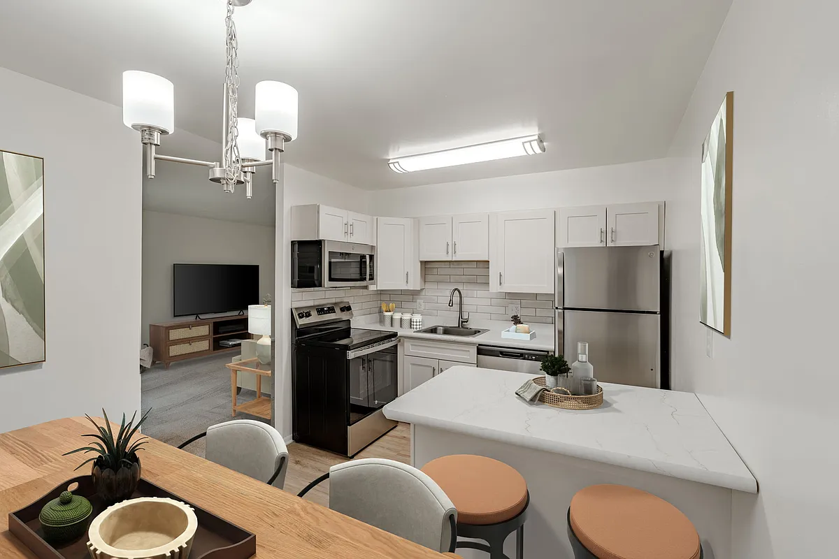 Prestige Kitchen Style (shown here in a 1-bedroom floor plan with staging) - Manor House Apartments