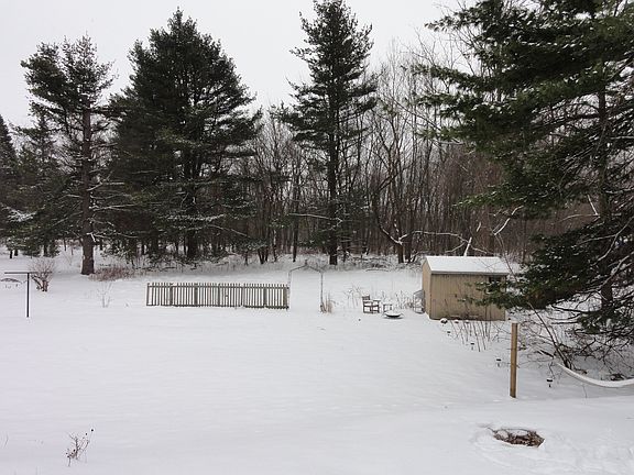 Backyard view--patio area, storage shed, gardens