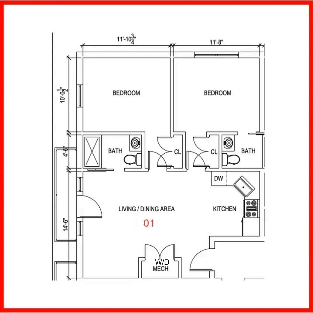 Floor plan Two Bedroom Two Bathroom and Balcony 01