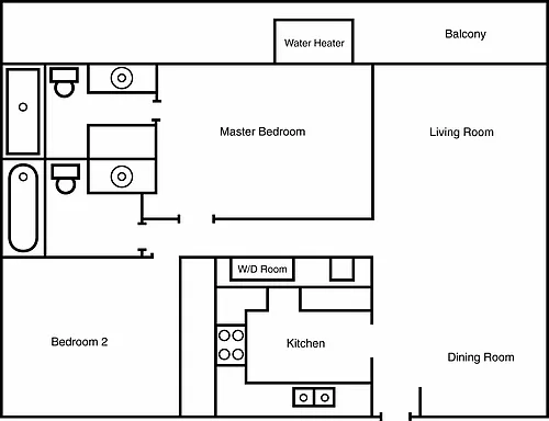 Floor plan 2 Bedroom, 2 Bath w/Balcony - South Side (P)