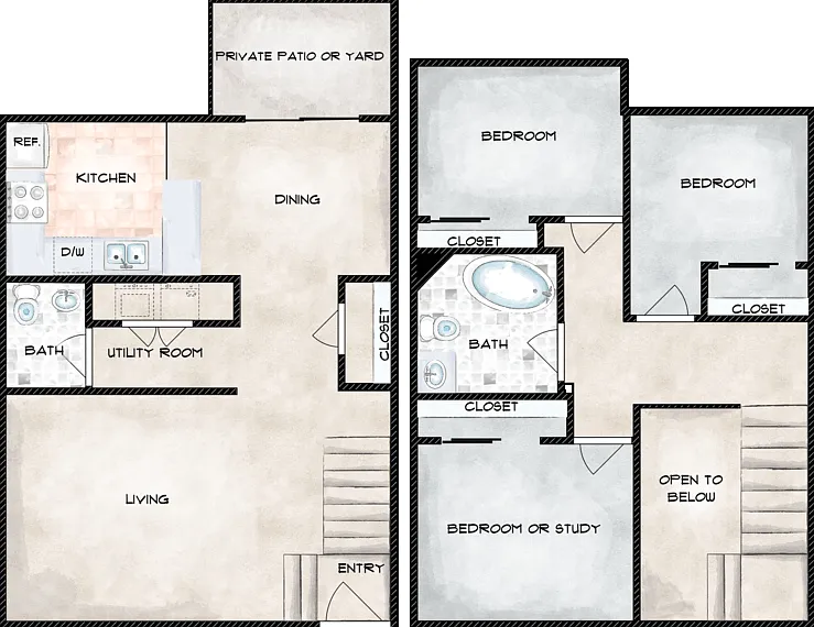3 Bed 1.5 Bath Townhome Floorplan Diagram