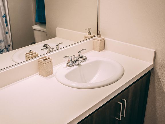Upgraded bathrooms with espresso cabinets and quartz counter