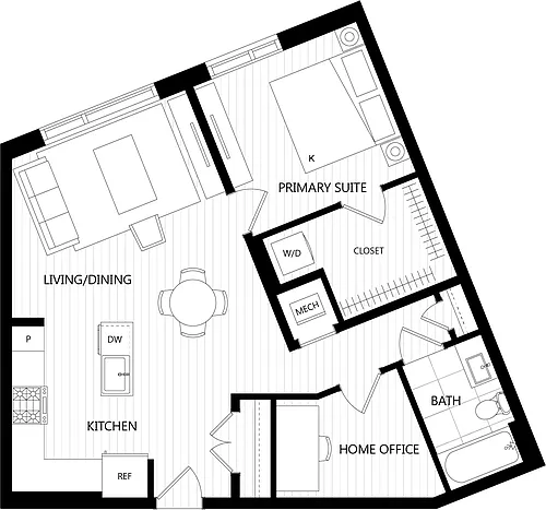 Floor plan 1 Bed/1 Bath Den-E5
