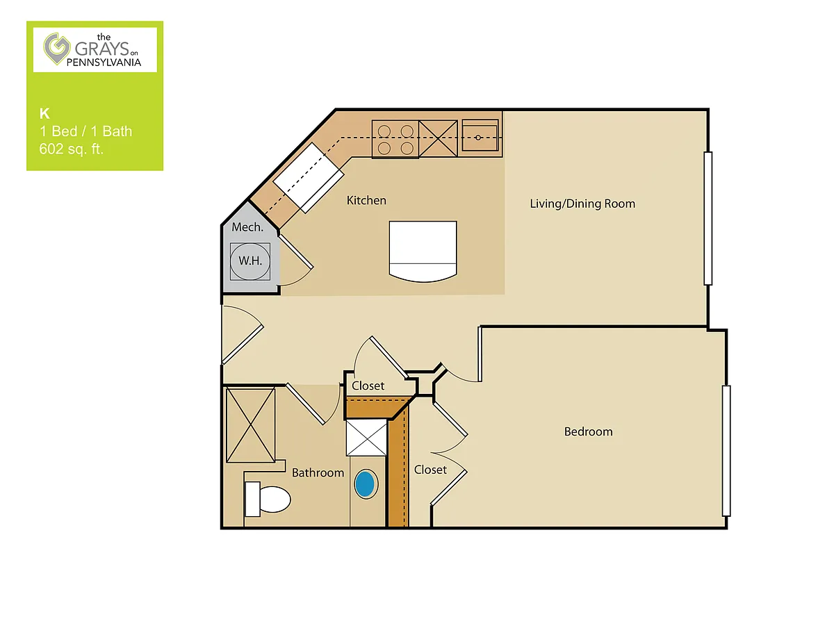 Floor plan 1 Bed/1 Bath (252aa1)