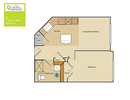 Floor plan 1 Bed/1 Bath (252aa1)