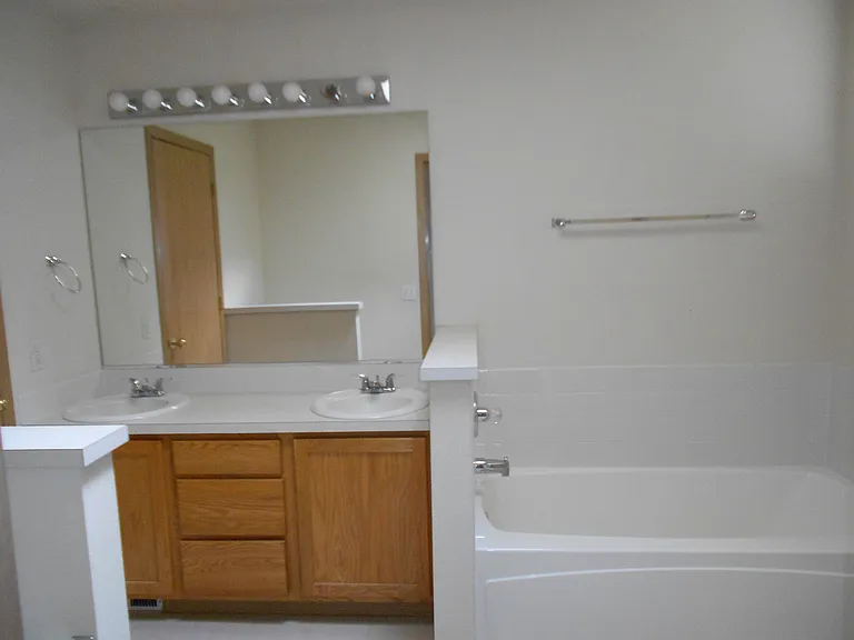 Master 5 piece bathroom with double sink vanity.