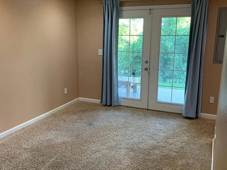 Basement bedroom with French doors to patio and creek (summer view)