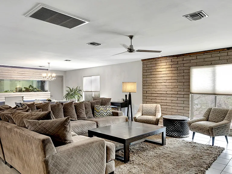 Family room, dining area, fish tank.
