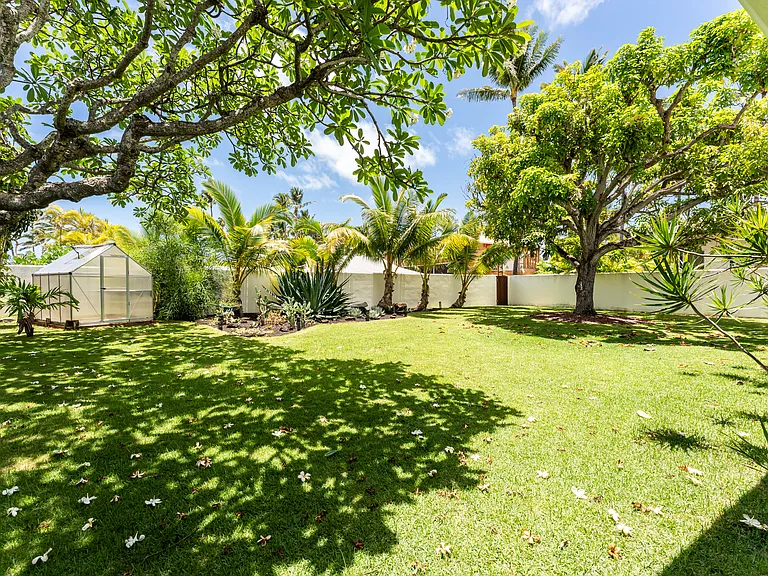 Expansive backyard lawn with mature tropical landscaping, greenhouse, and large shade trees creating a private outdoor retreat.