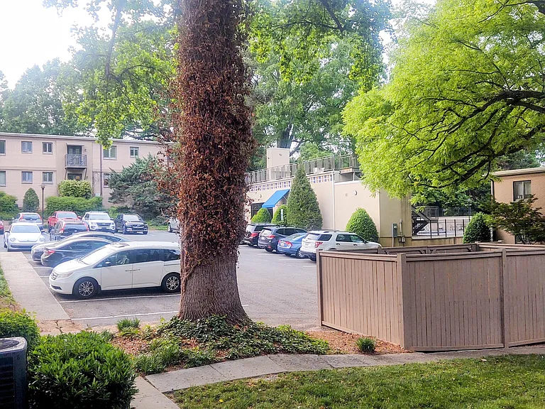 View of gated parking area behind unit. Key fob/code required to enter parking area. Walkway leads to back entrance and requires key fob to enter. Wood fence contains garbage containers.