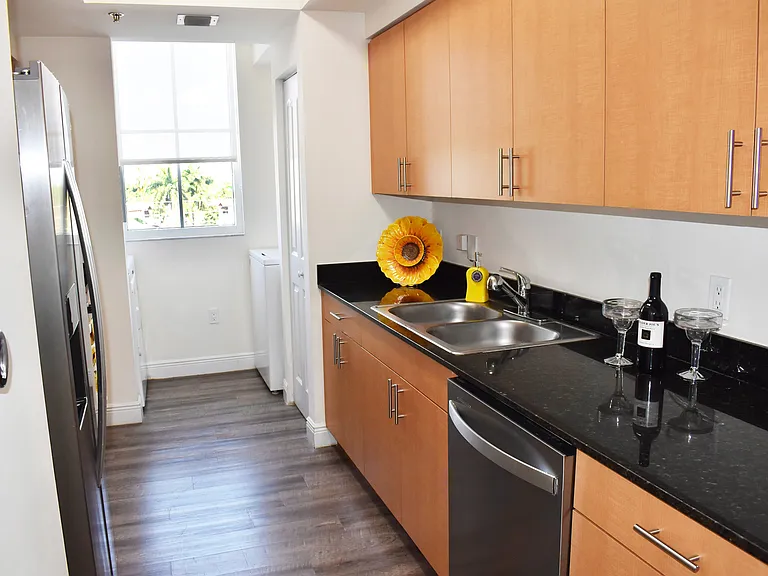 Stainless steel appliances and in-unit washer/dryer offer modern convenience in every corner.