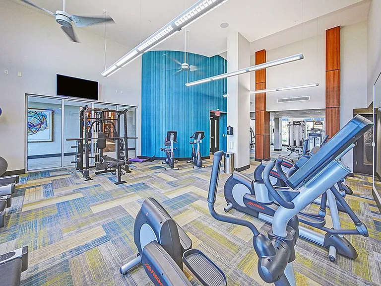 Luxury apartment fitness center with strength training equipment, cardio machines, and floor-to-ceiling windows