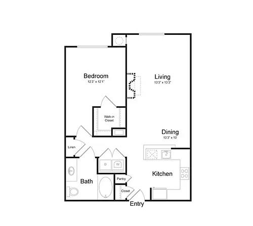 Floor plan One Bedroom One Bath (874 SF)