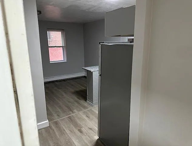 View from entrance to kitchen to dining area