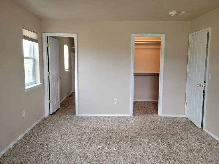 Master bedroom with walk in closet on right and master bath on left.