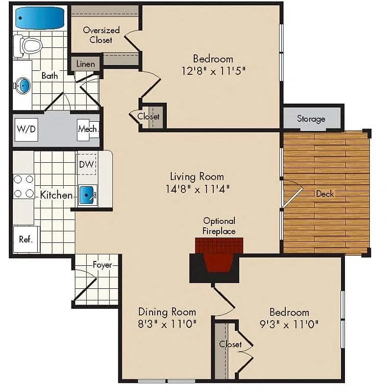 Floor plan 2 Bedroom/1 Bath - 860 square feet