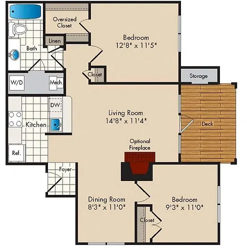 Floor plan 2 Bedroom/1 Bath - 860 square feet