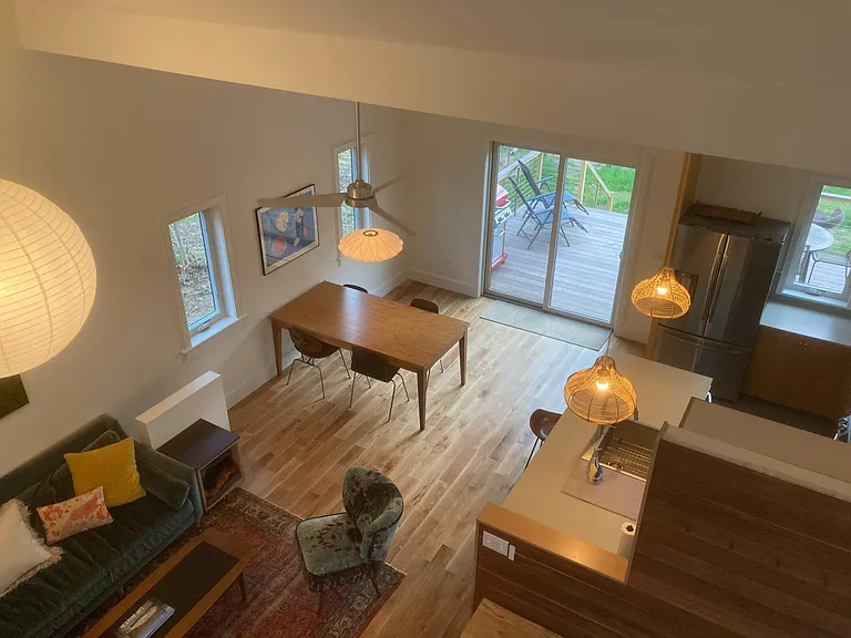 aeriel view of downstairs from upstairs balcony/desk nook