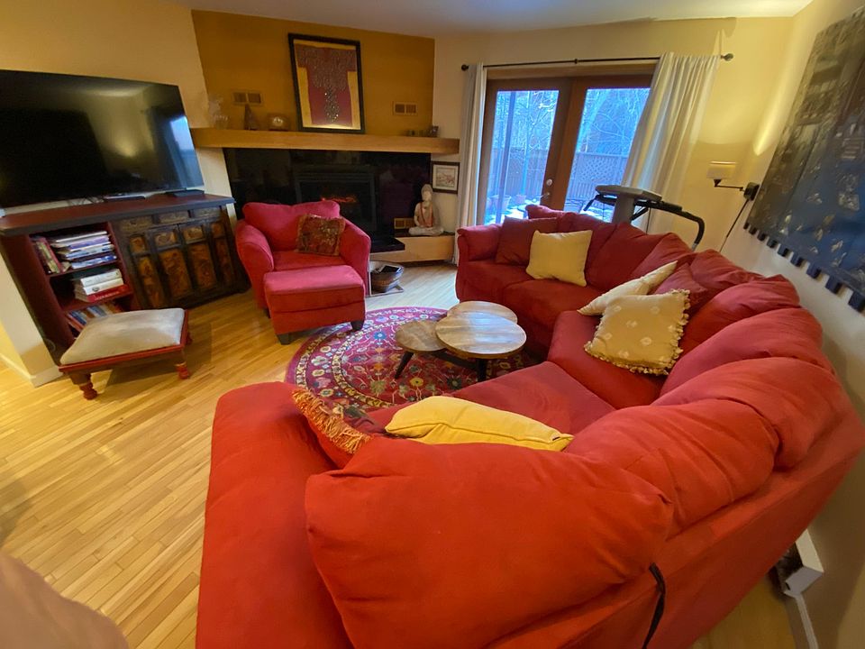 Comfy, furnished living room w/ big tv, electric fireplace, and slider to backyard.