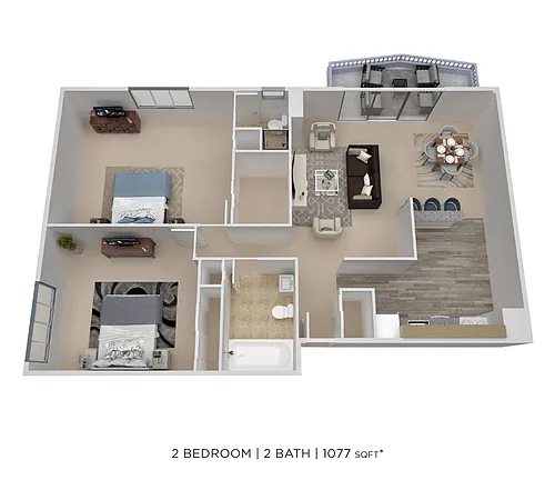 Floor plan Two Bedroom 2 Bath - 1,077 sqft