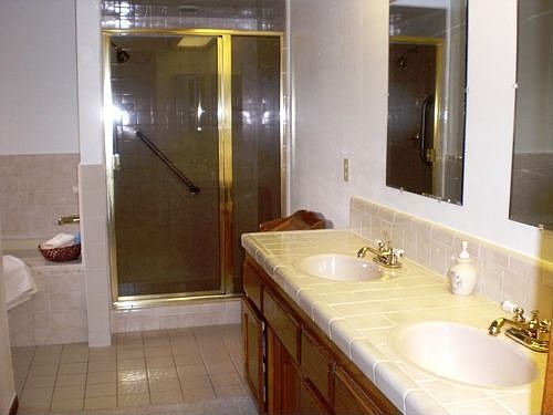 Master bath has spa tub and walk in shower