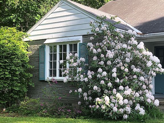 Flowers blooming in front.