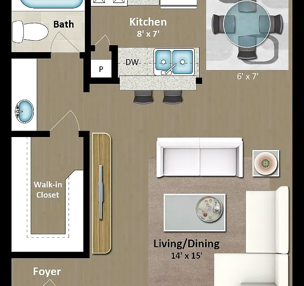 1 Bed 1 Bath A Floorplan Diagram
