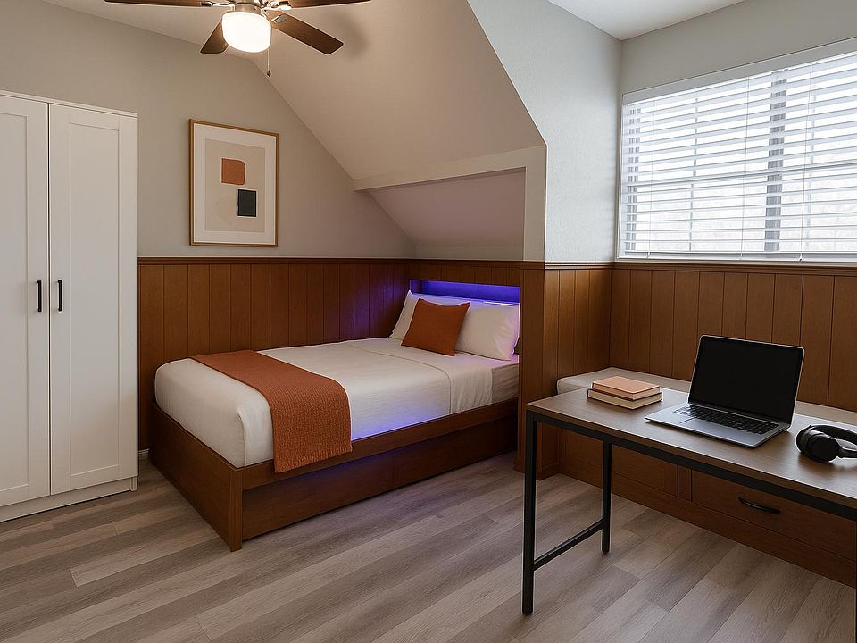Cozy bedroom with built-in LED headboard + workspace conveniently located near the bathroom