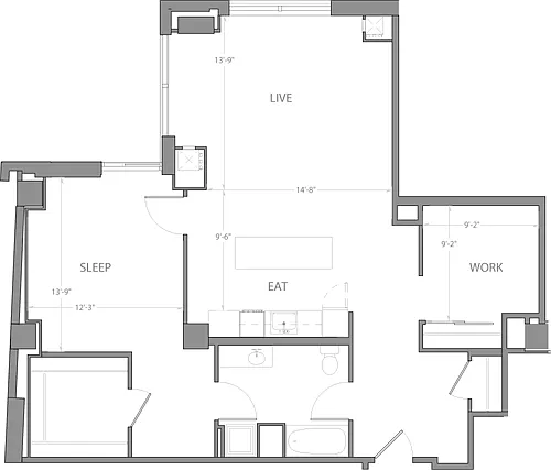 Floor plan 1 Bedroom U with Den