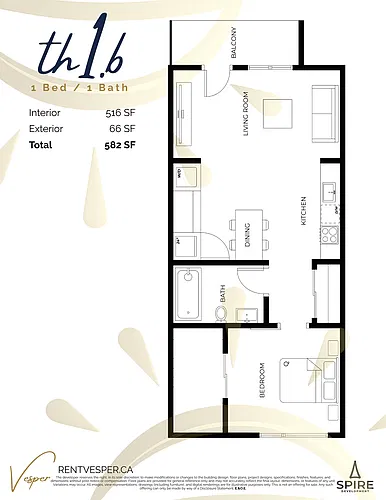 Floor plan 1 Bedroom Townhome (TH1.B)