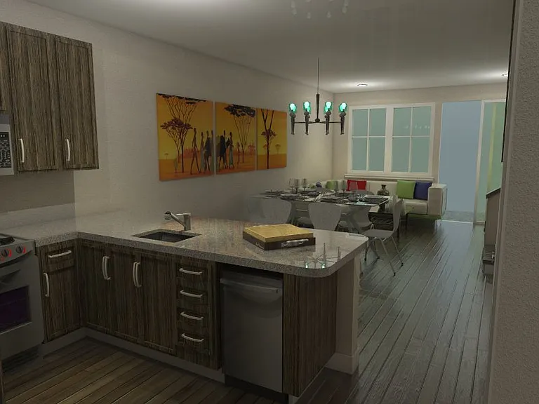Modern Kitchen equipped with barstool area, classy cabinets with granite countertops