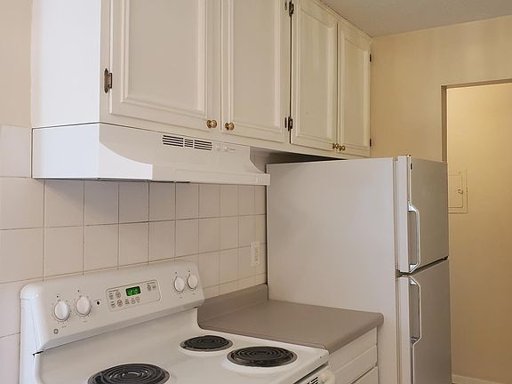 Kitchen showing the cooking range/oven/hood and the refrigerator.