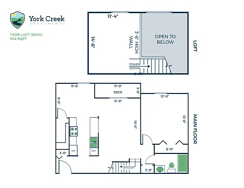 Floor plan 1 Bed, 1 Bath Loft - 949 sq ft