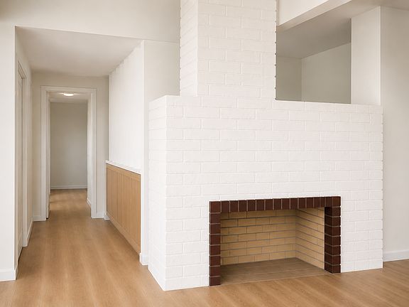 Rendering of updated hallway - new wood flooring, new paint