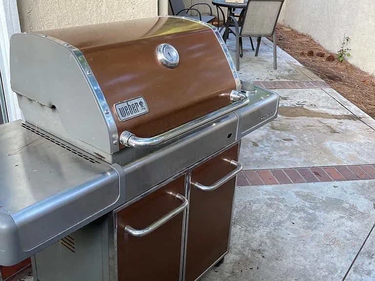 Reverse angle of the back patio displaying the grill.