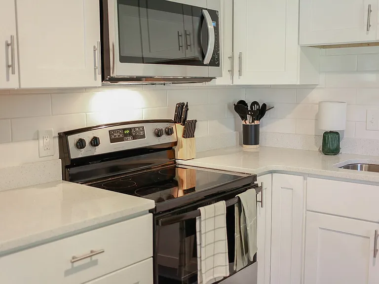 stove, microwave and sink