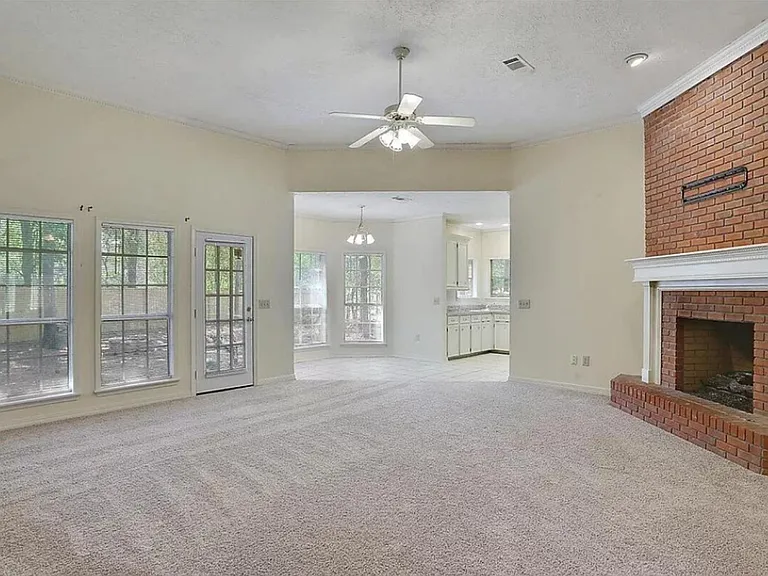 Windows to view outside, door to back yard, kitchen area, fireplace. New carpet