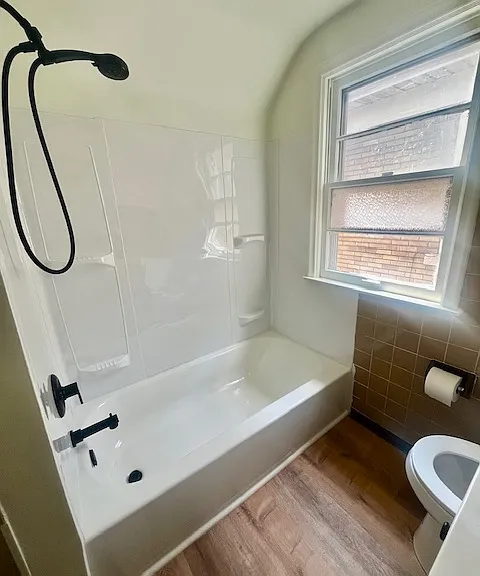 new tub, shower surround and hardware