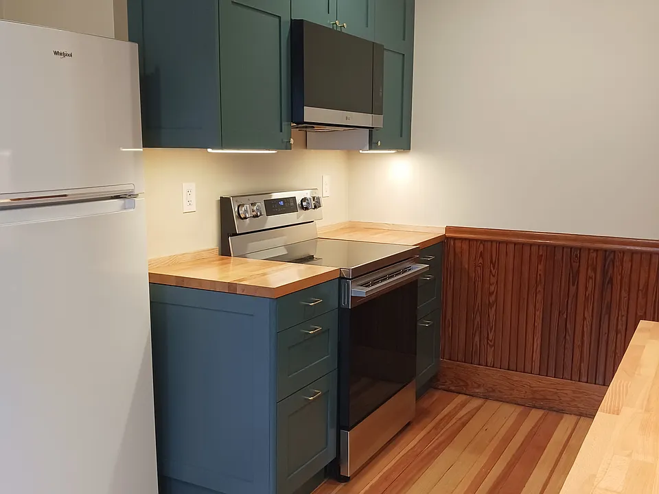 New kitchen freshly completed for move-in. Includes electric range, microwave, and dishwasher.