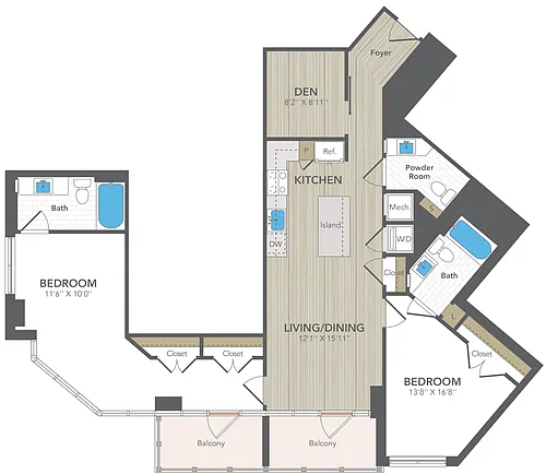 Floor plan 2 Bed 3 Bath Med with Den