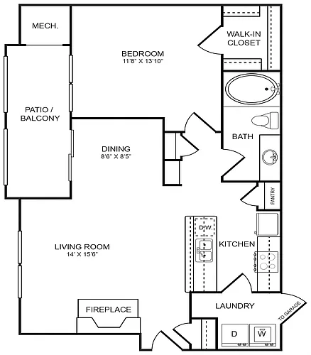 Floor plan 1 Bedroom, 1 Bathroom 842 SF 11D